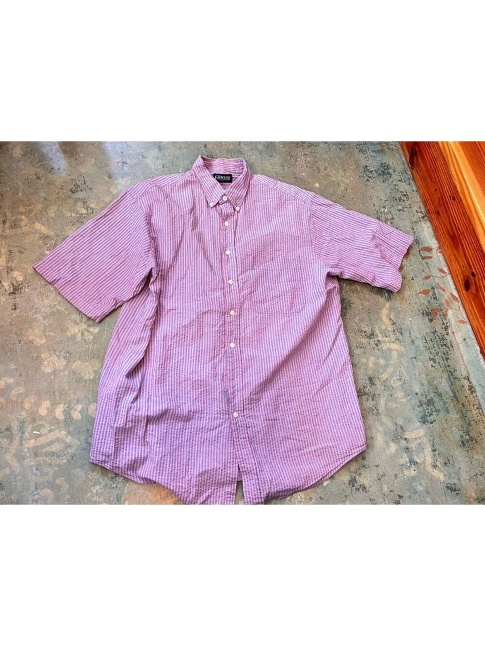 Lands End Mens XL Seersucker Blue Pink Striped Short-Sleeve Button-Up Shirt